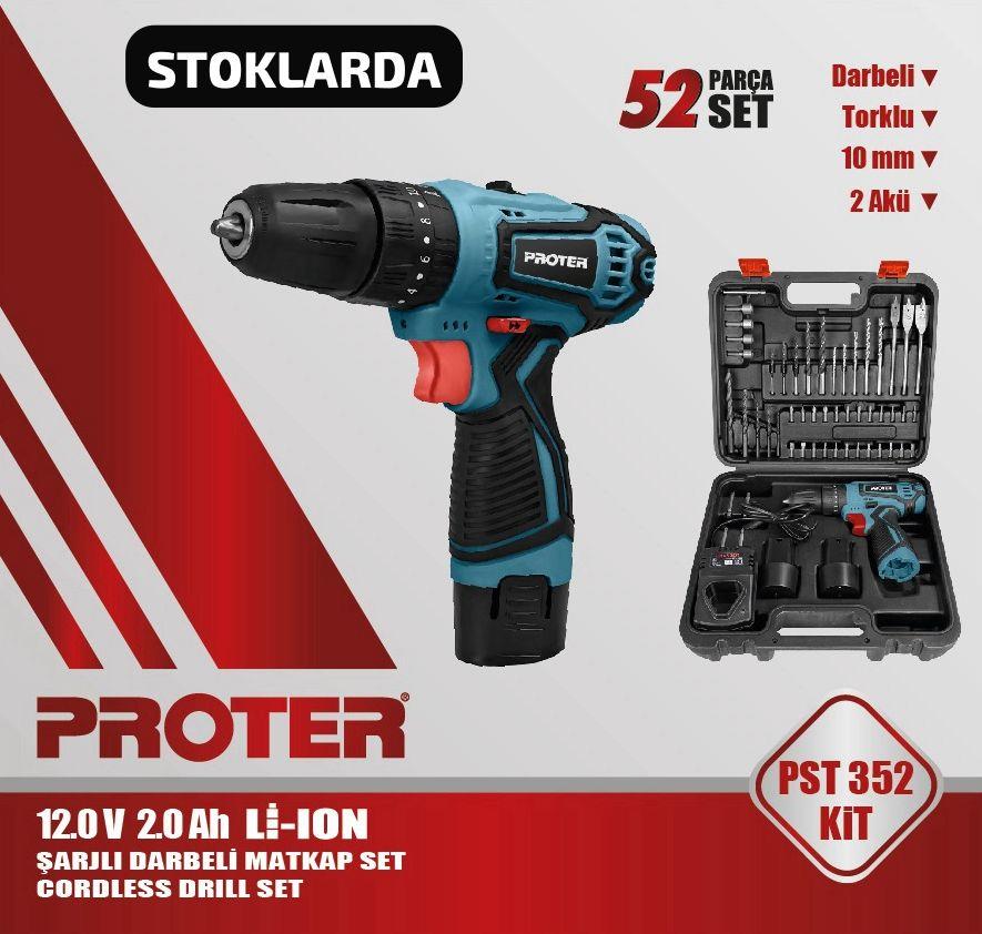 Akülü MatkaplarPROTER PST 352 KİT 52 PARÇA ŞARJLI DARBELİ MATKAP SETİ