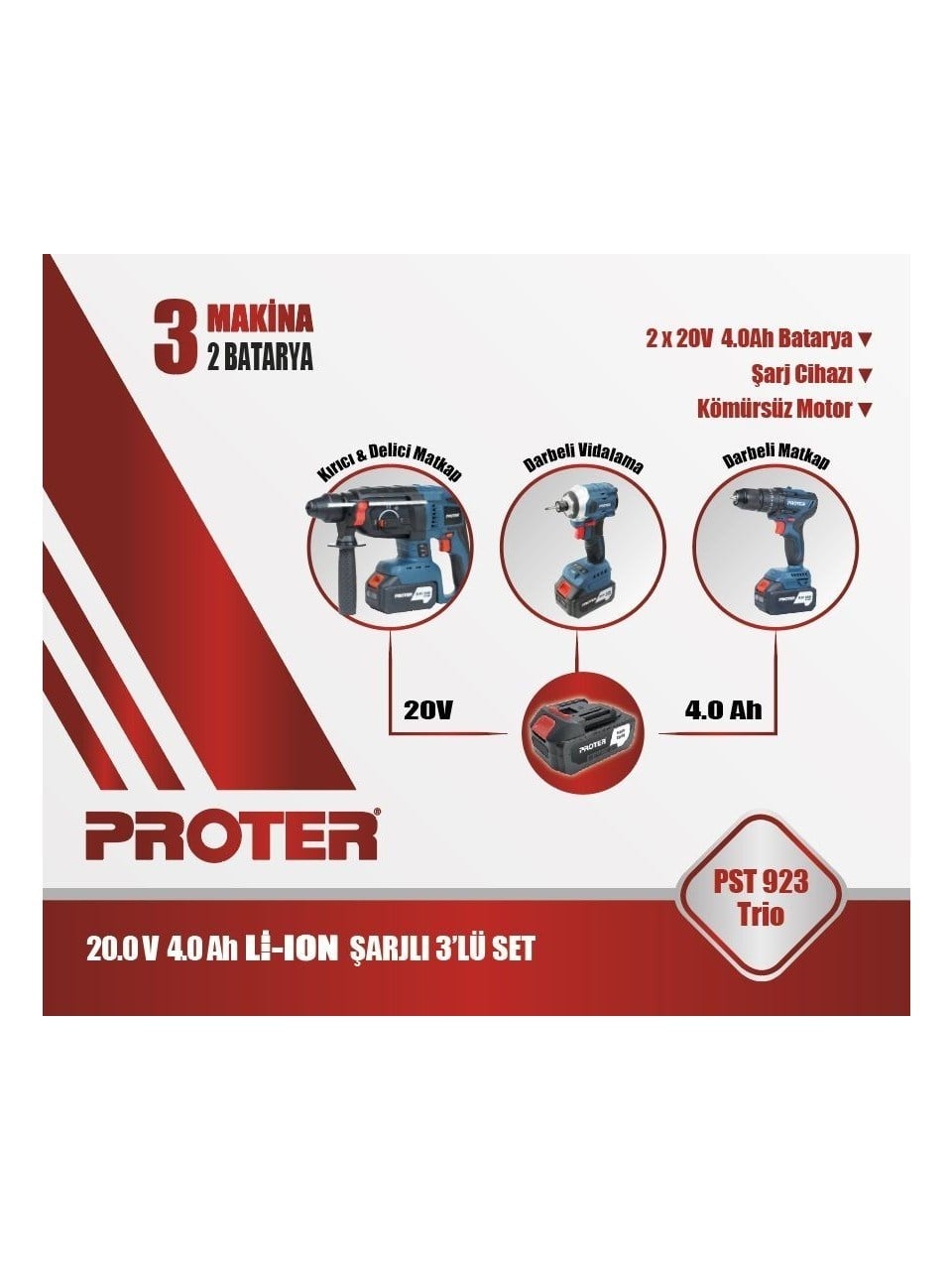 Akülü MatkaplarPROTER PST 923 TRIO 4.0 AH 20 V Li-ION PİL KÖMÜRSÜZ ŞARJLI (ÜÇLÜ MAKİNA SET)