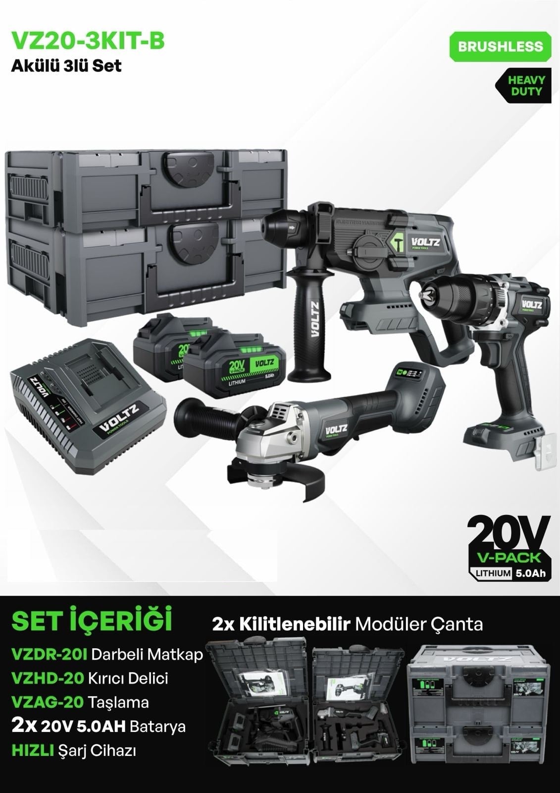 Akülü MatkaplarVOLTZ VZ20-3KIT-B AKÜLÜ ÜÇLÜ SET