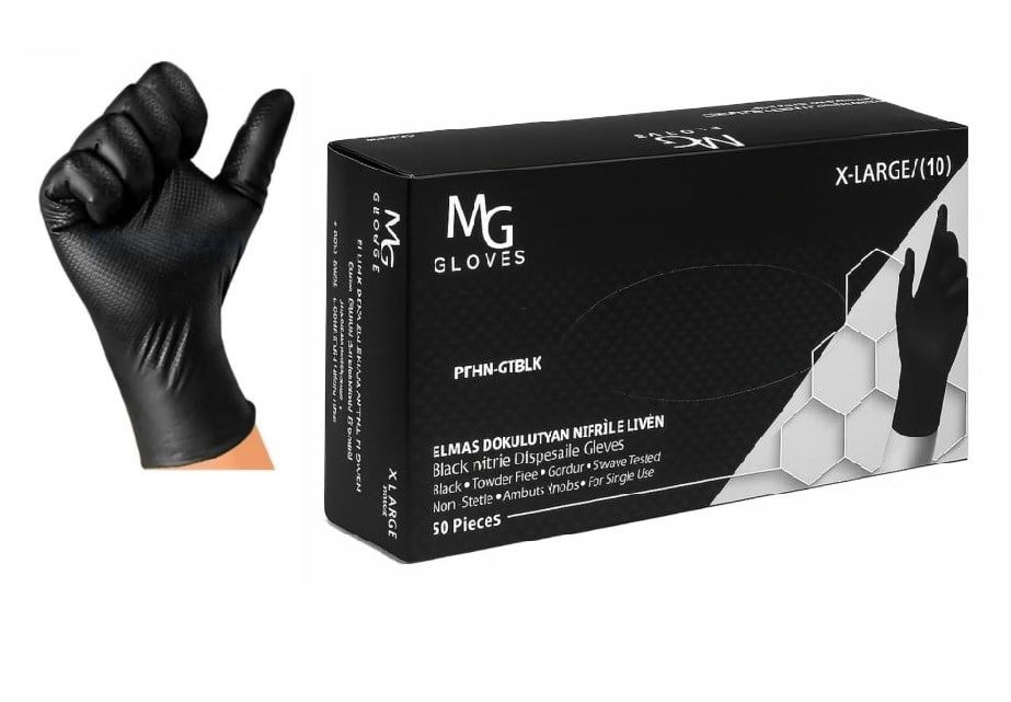 EldivenlerMG GLOVES ELMAS DOKULU SİYAH NİTRİL ELDİVEN XL (10) 50 ADET