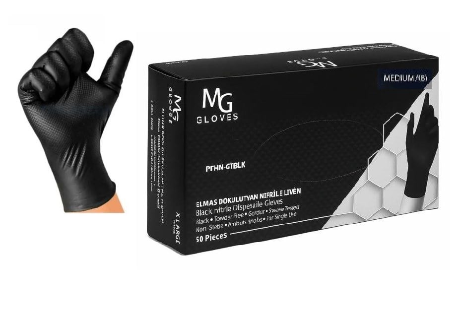 EldivenlerMG GLOVES ELMAS DOKULU SİYAH NİTRİL ELDİVEN M (10) 50 ADET