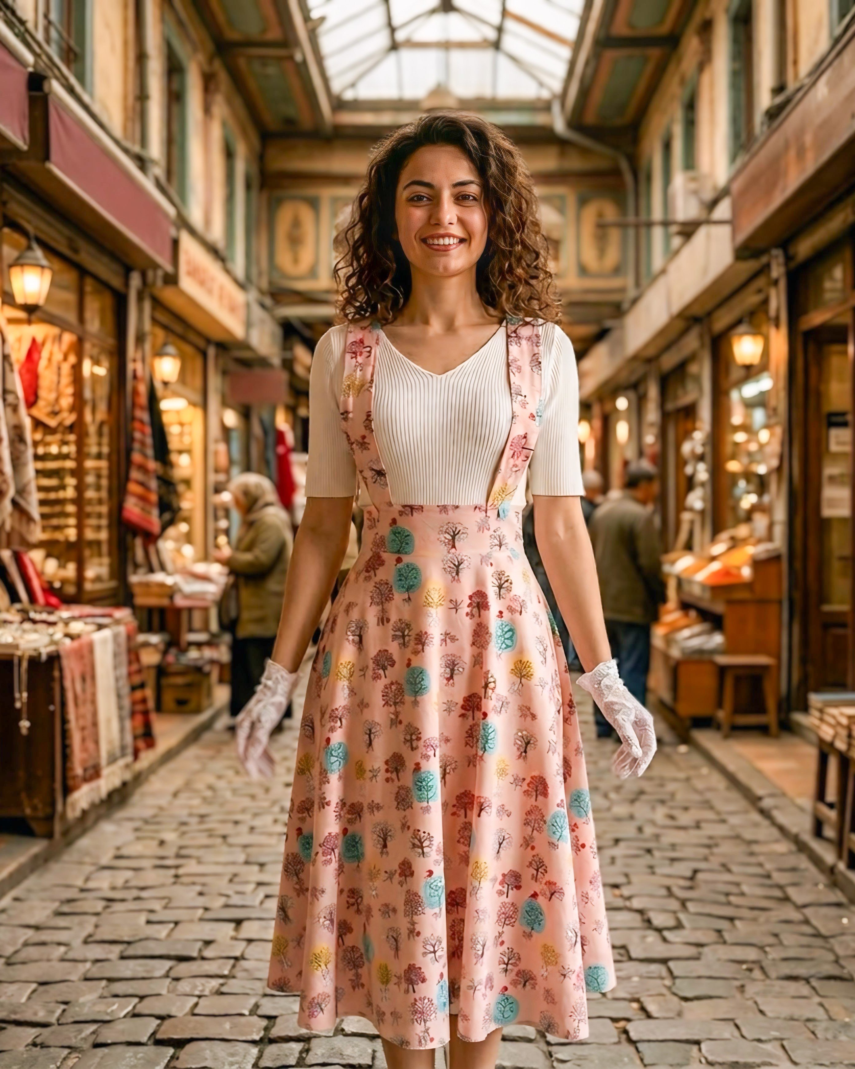 Pembe Desenli Askılı Etek