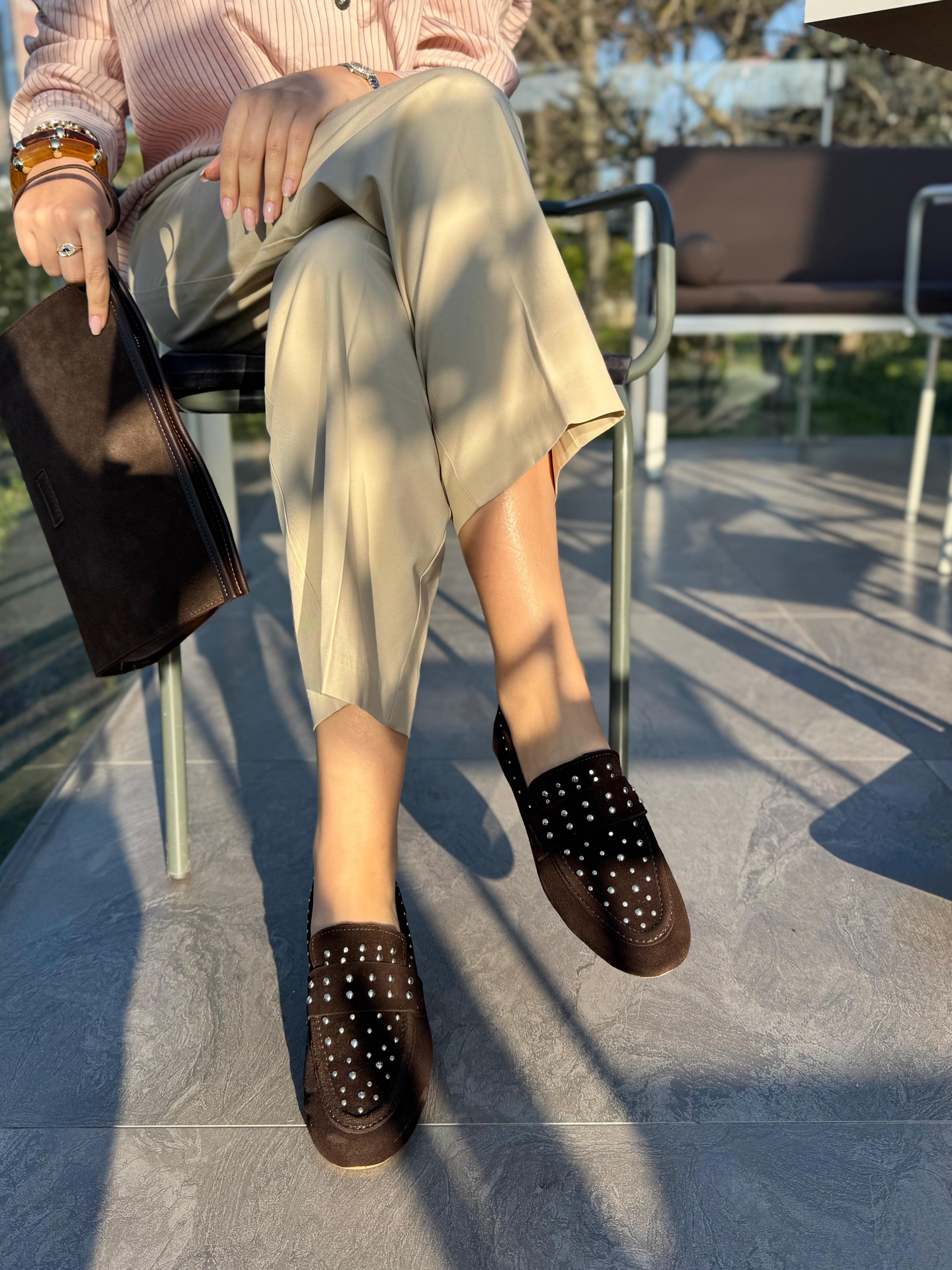 7831 KAHVE SÜET DERİ PİMLİ LOAFER AYAKKABI