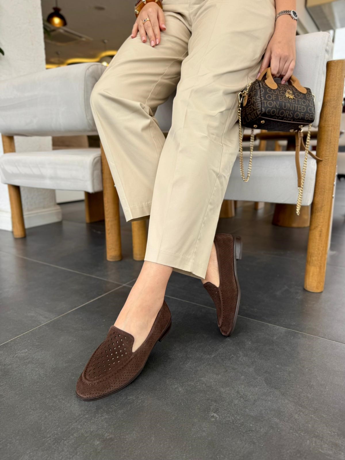 7876 KAHVE SÜET DERİ LAZER KESİM LOAFER AYAKKABI