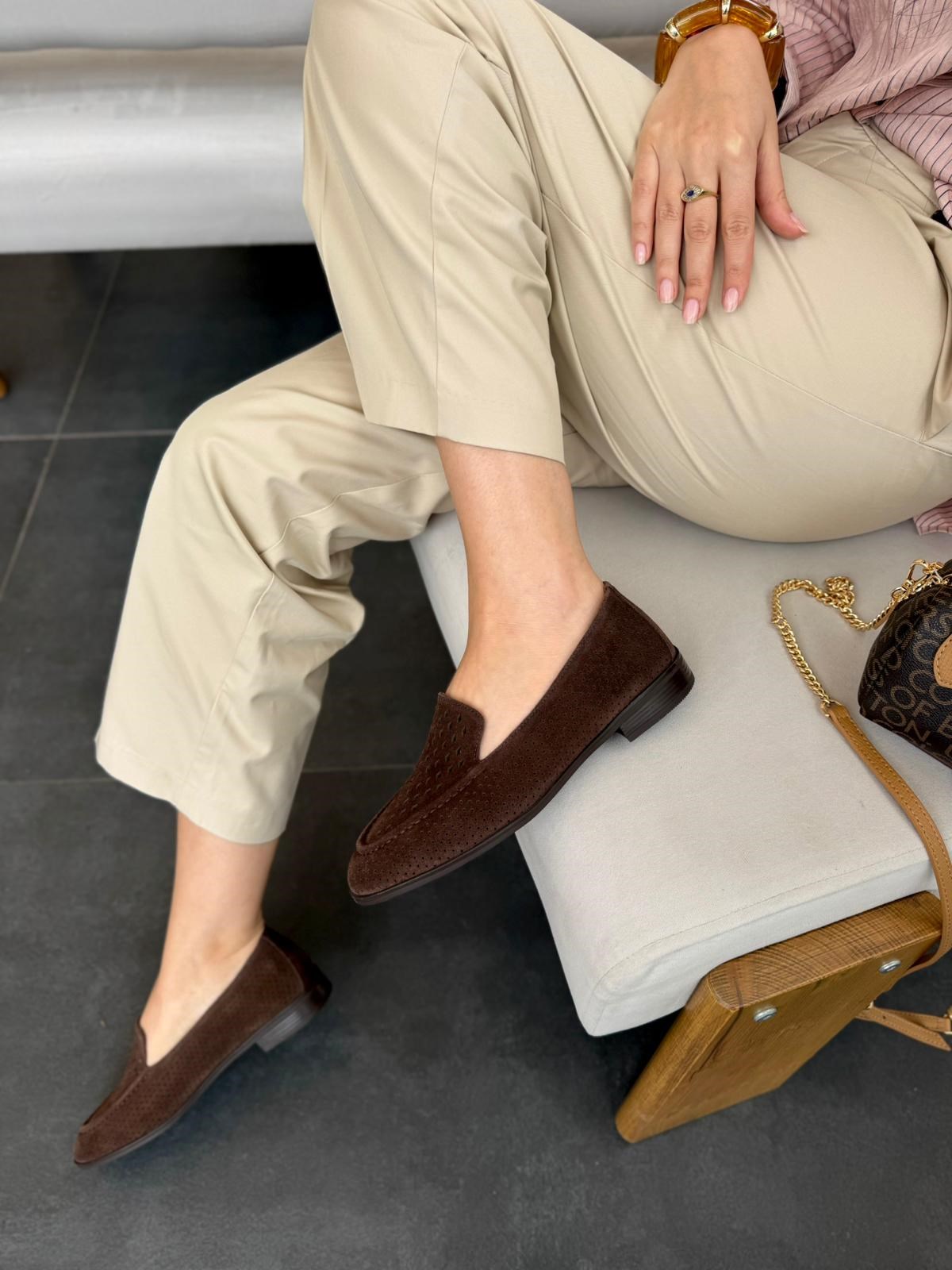 7876 KAHVE SÜET DERİ LAZER KESİM LOAFER AYAKKABI