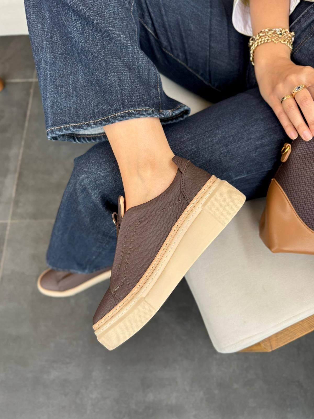 7966 KAHVERENGİ DERİ KALIN TABANLI SNEAKER AYAKKABI