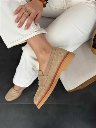 7807 BEJ SÜET DERİ KALIN TABAN LOAFER AYAKKABI