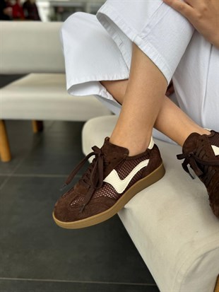 7874 KAHVERENGİ SÜET DERİ FİLELİ SNEAKER AYAKKABI