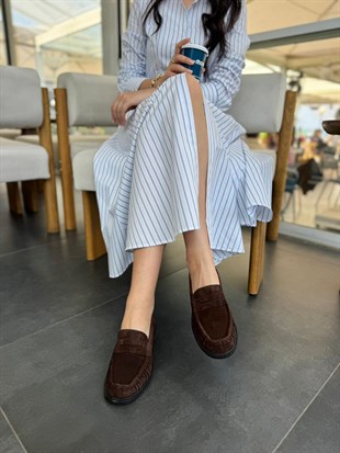 7916 KAHVERENGİ SÜET DERİ PLİSELİ LOAFER AYAKKABI