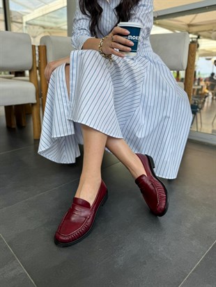 7916 VİŞNE DERİ PLİSELİ LOAFER AYAKKABI