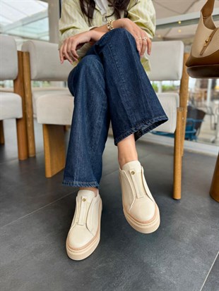 7966 KREM DERİ KALIN TABAN SNEAKER AYAKKABI