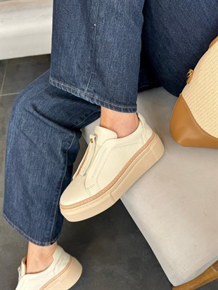 7966 KREM DERİ KALIN TABAN SNEAKER AYAKKABI