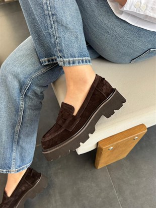 7970 KAHVERENGİ SÜET DERİ  KALIN TABANLI LOAFER AYAKKABI 