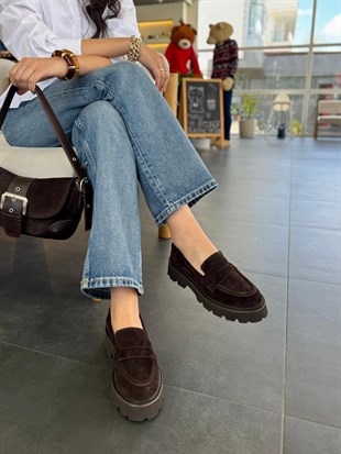 7970 KAHVERENGİ SÜET DERİ  KALIN TABANLI LOAFER AYAKKABI 