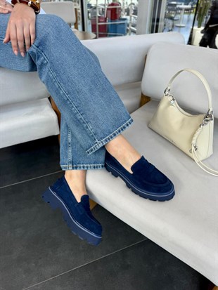 7970 LACİVERT SÜET DERİ KALIN TABANLI LOAFER AYAKKABI