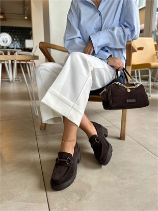 8113 KAHVERENGİ SÜET DERİ TOPUKLU LOAFER AYAKKABI