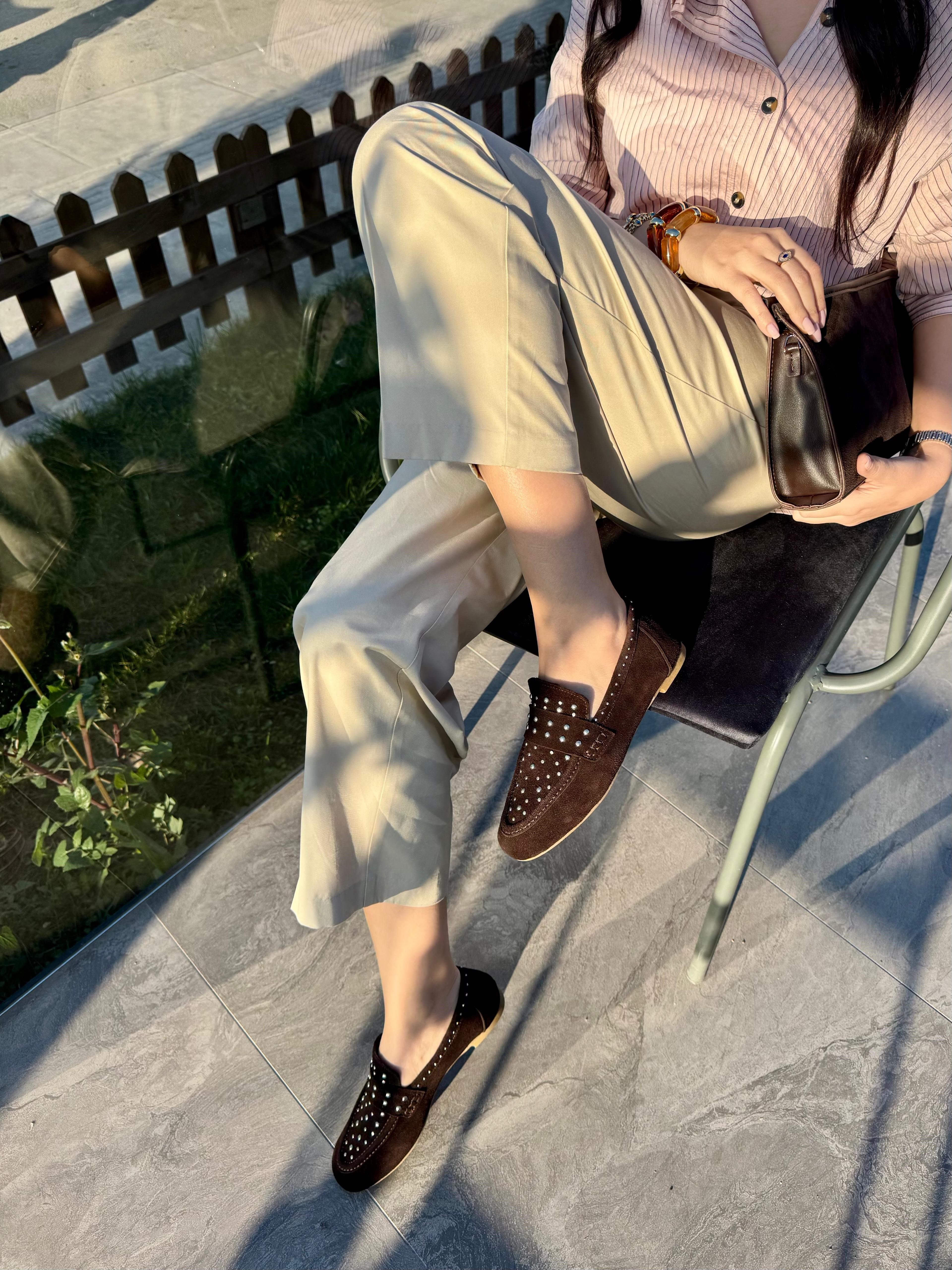 7831 KAHVE SÜET DERİ PİMLİ LOAFER AYAKKABI