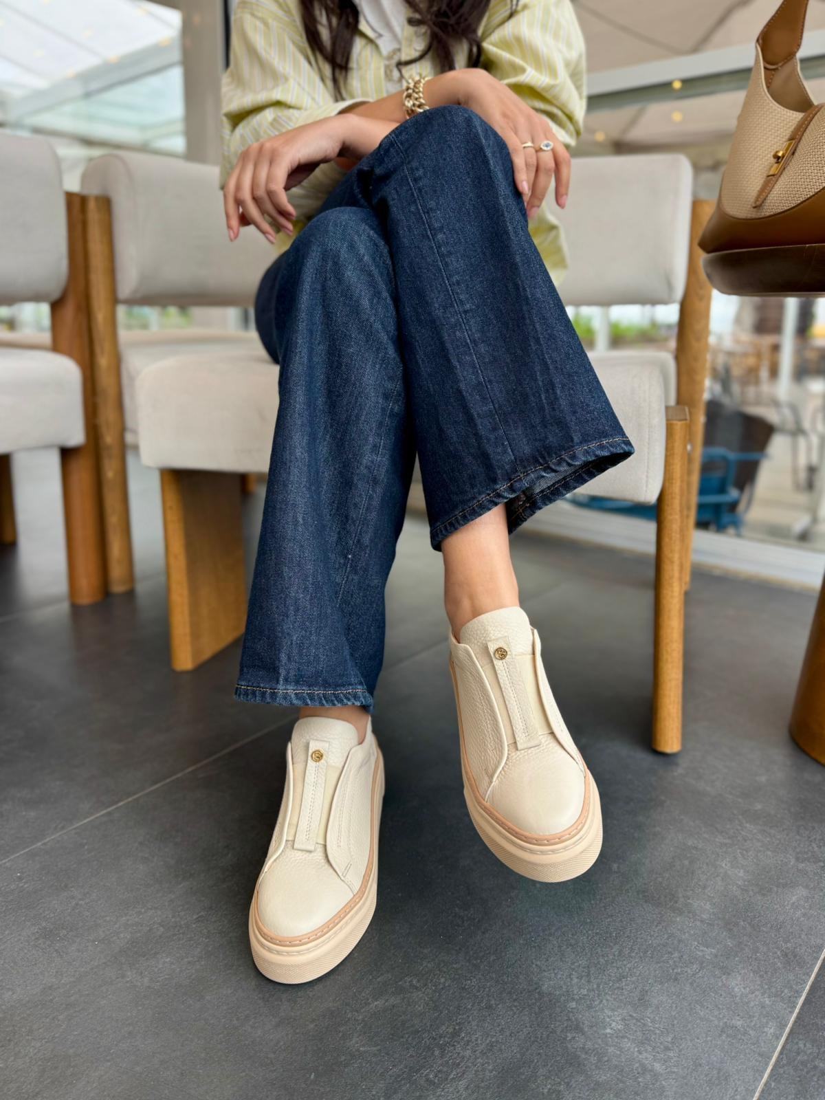 7966 KREM DERİ KALIN TABAN SNEAKER AYAKKABI