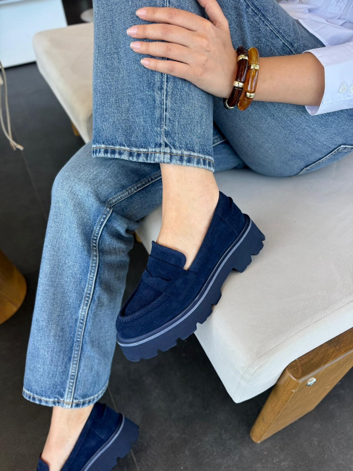 7970 LACİVERT SÜET DERİ KALIN TABANLI LOAFER AYAKKABI