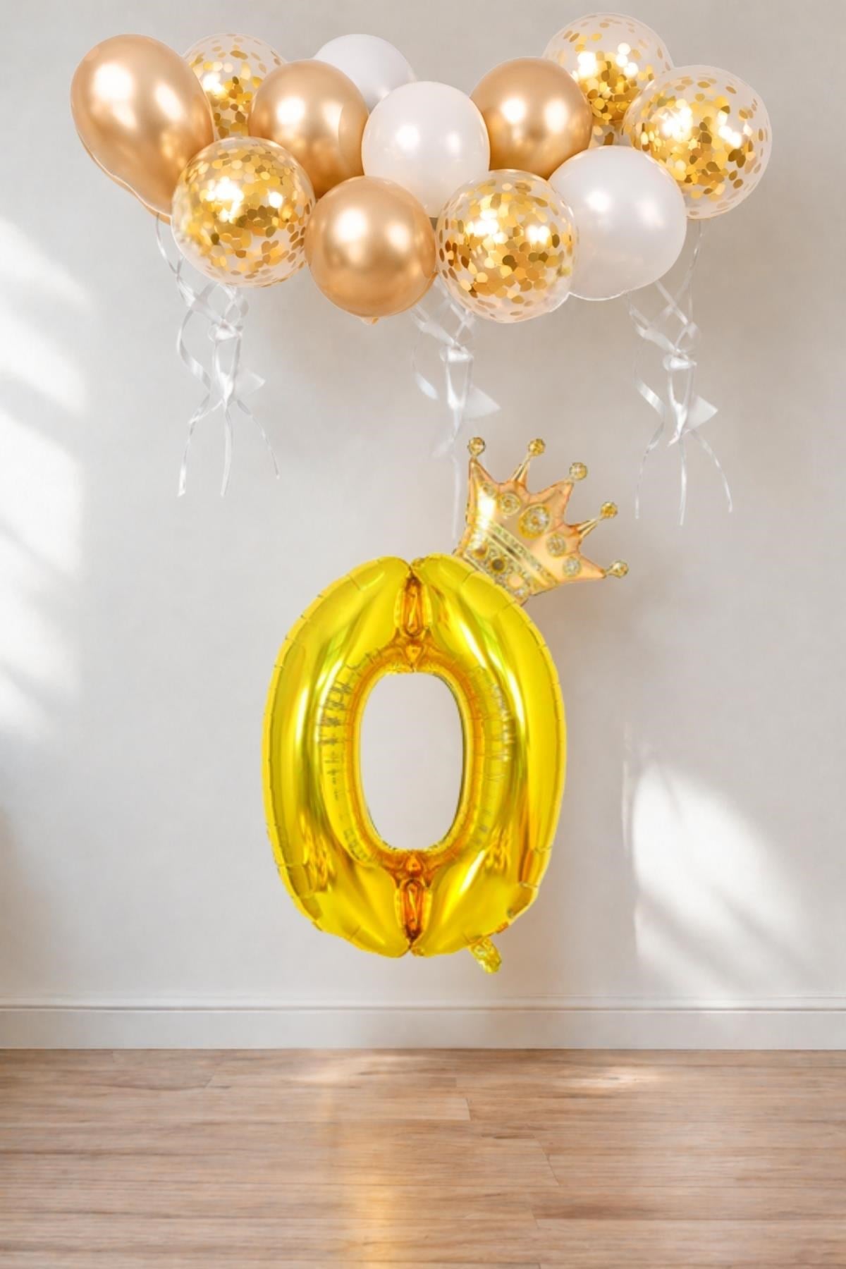 0 Rakam Gold Folyo Balon, Kral Tacı Ve Konfetili Gold Balon