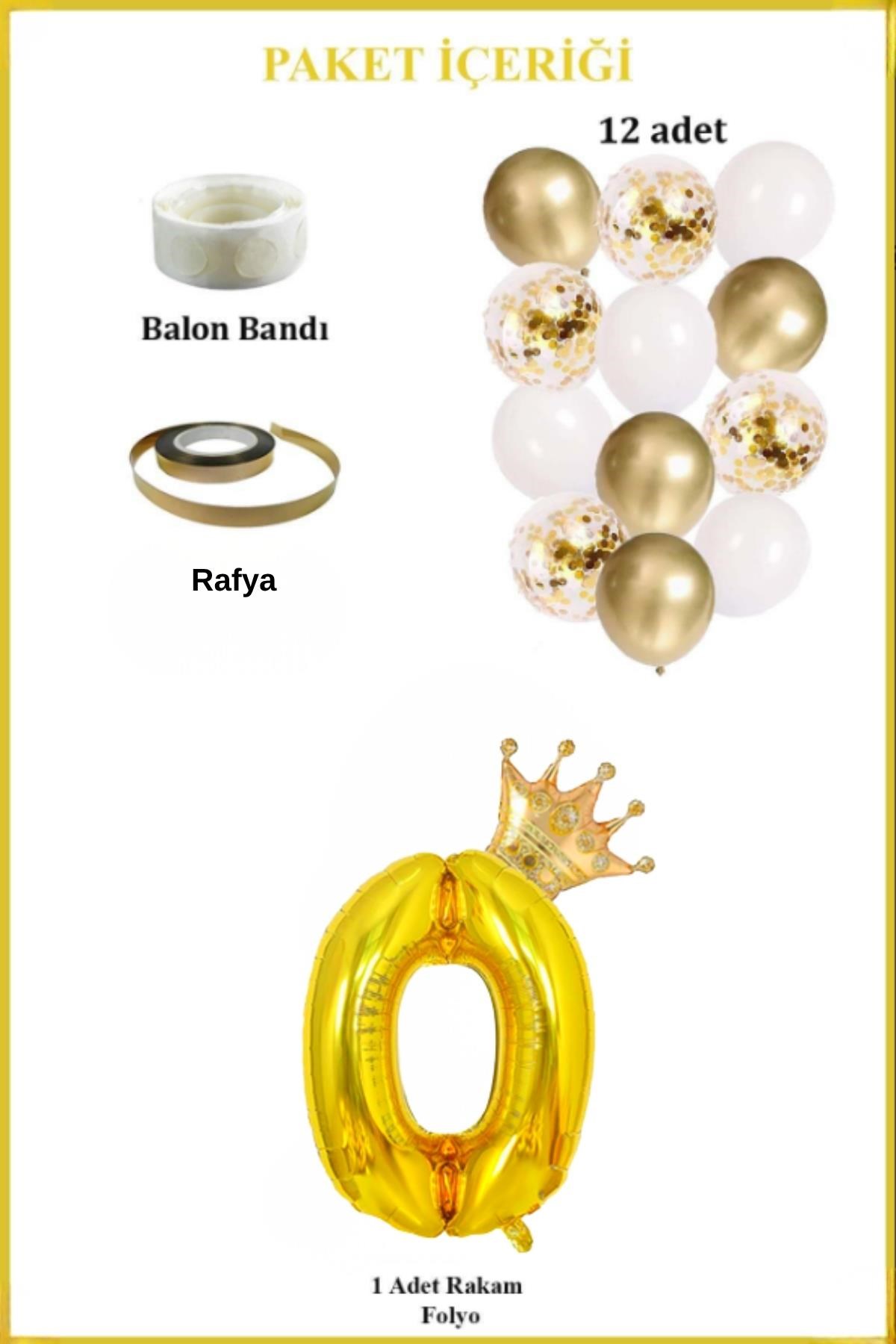 0 Rakam Gold Folyo Balon, Kral Tacı Ve Konfetili Gold Balon