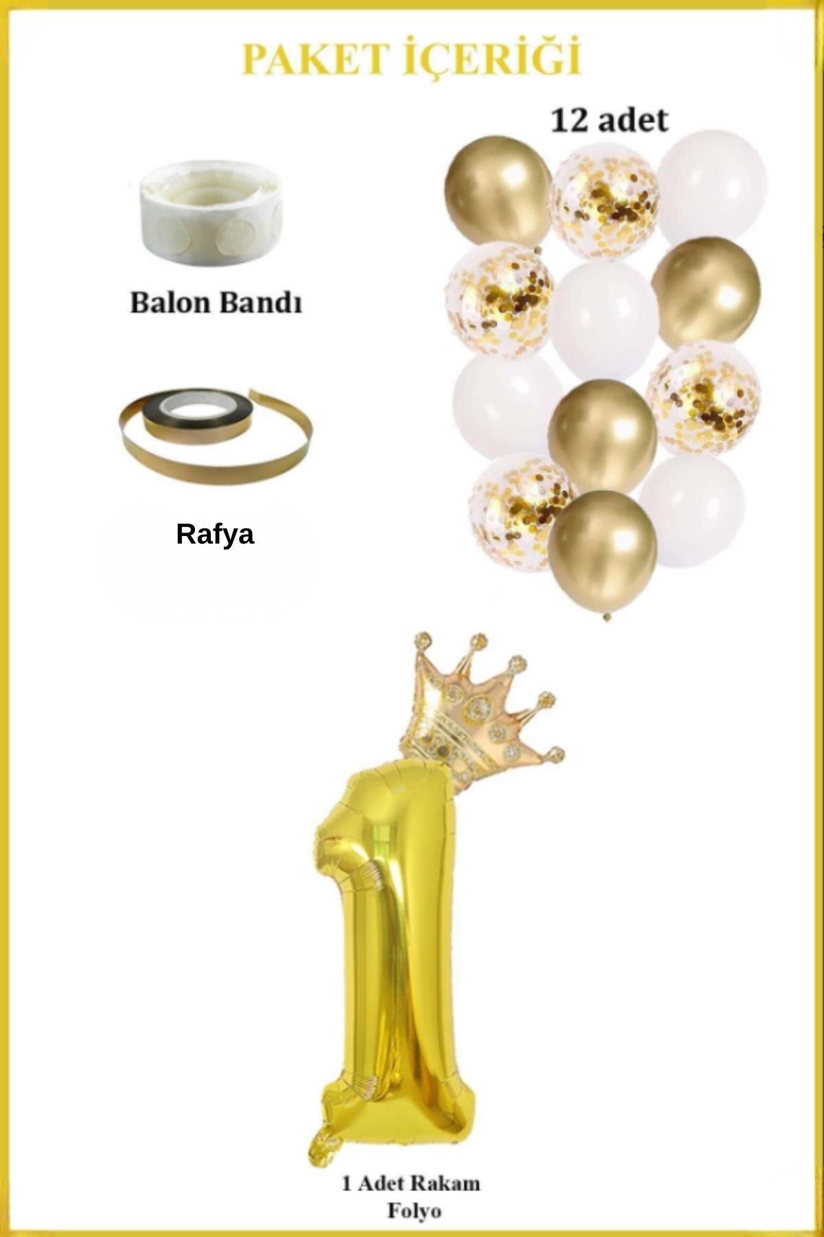 1 Rakam Gold Folyo Balon, Kral Tacı Ve Konfetili Gold Balon