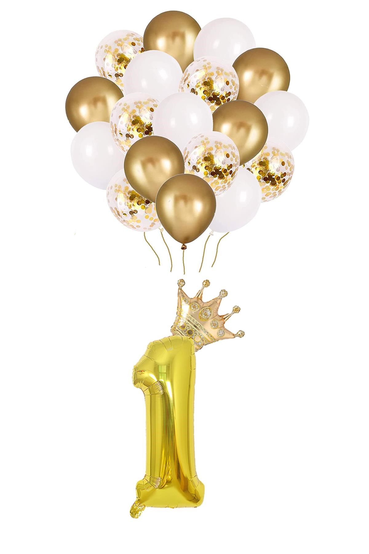 1 Rakam Gold Folyo Balon, Kral Tacı Ve Konfetili Gold Balon