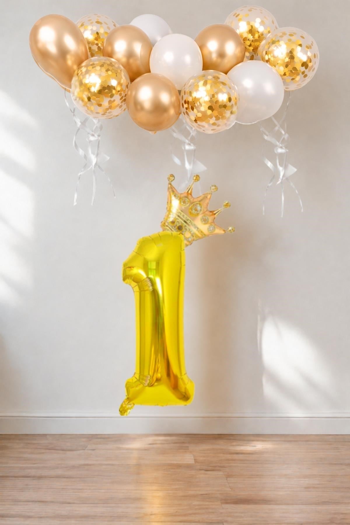 1 Rakam Gold Folyo Balon, Kral Tacı Ve Konfetili Gold Balon