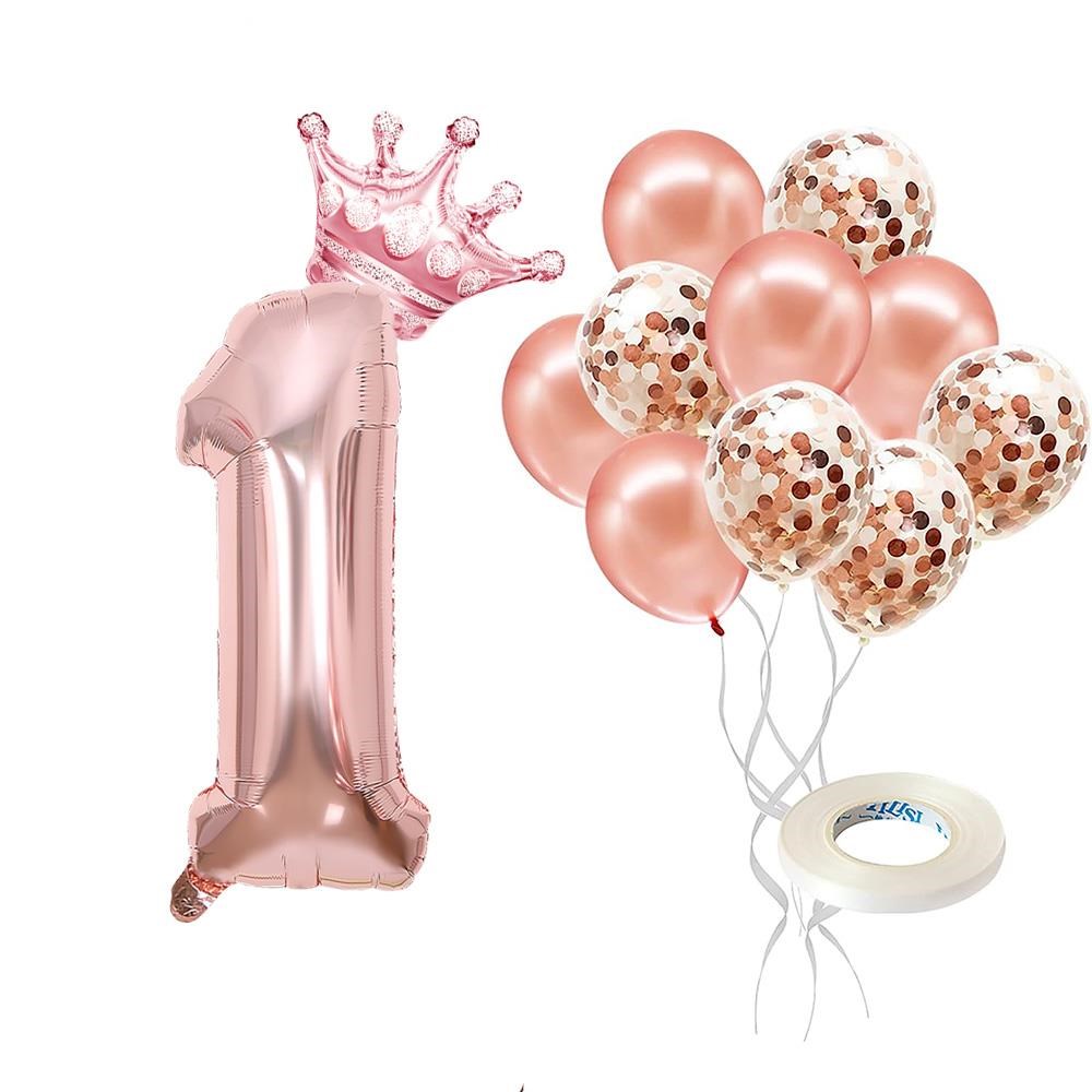 1 Rakam Rose Gold Folyo Balon, Kral Tacı Ve Konfetili Rose Gold Balon