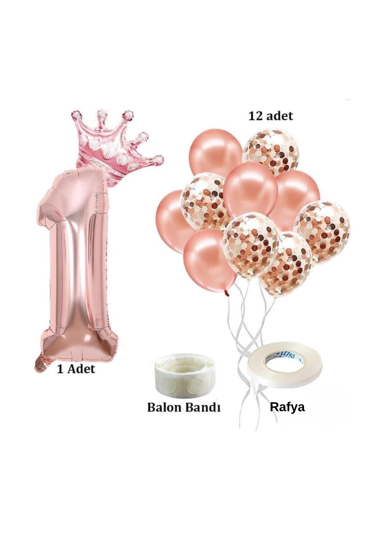 1 Rakam Rose Gold Folyo Balon, Kral Tacı Ve Konfetili Rose Gold Balon