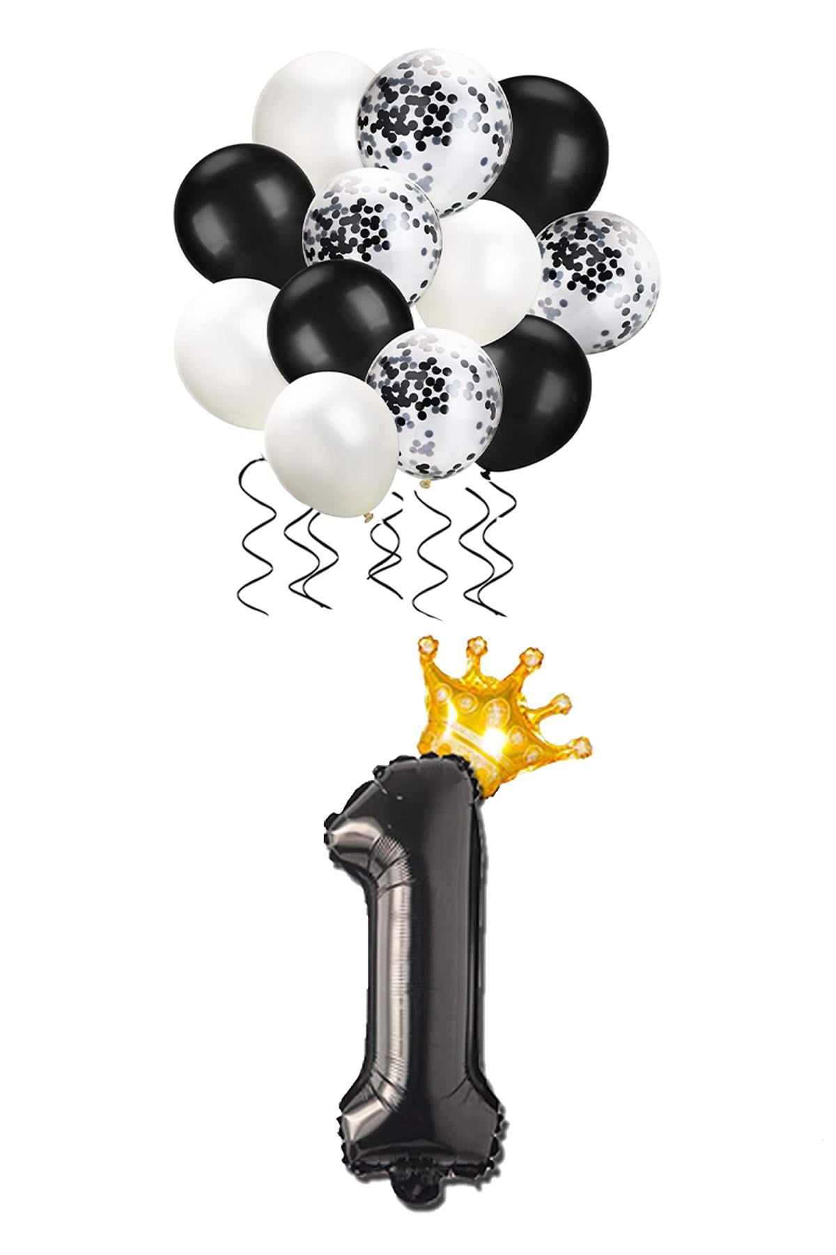 1 Rakam Siyah Folyo Balon, Kral Tacı Ve Konfetili Siyah Balon Set