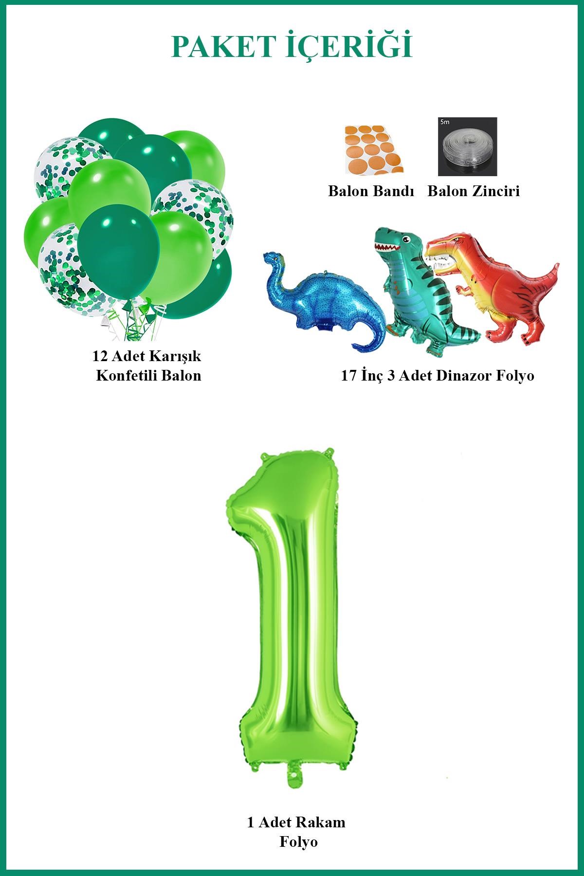 1 Yaş Dinazor Set; Rakam Folyo, 3 Adet Mini Dinazor ve 10 lu Balon
