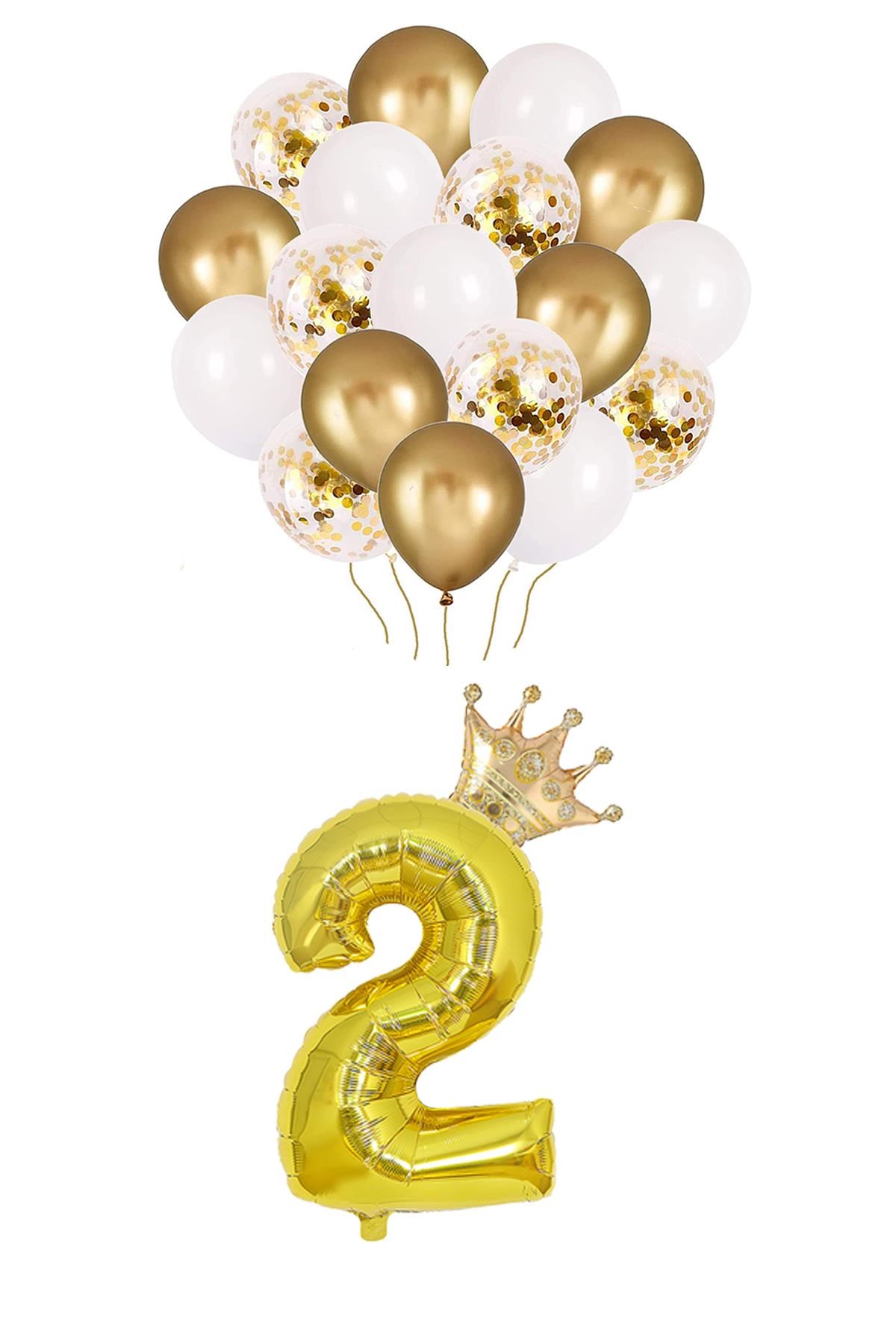 2 Rakam Gold Folyo Balon, Kral Tacı Ve Konfetili Gold Balon