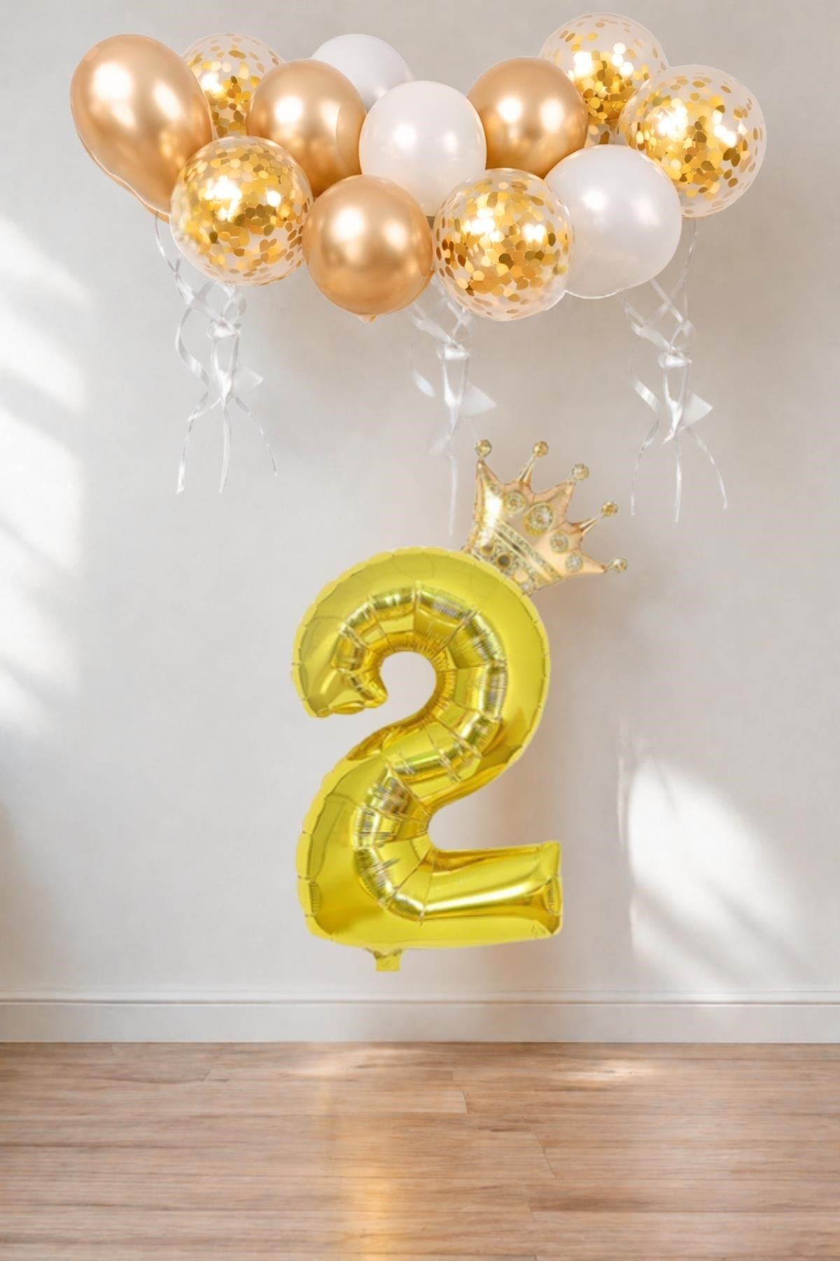 2 Rakam Gold Folyo Balon, Kral Tacı Ve Konfetili Gold Balon