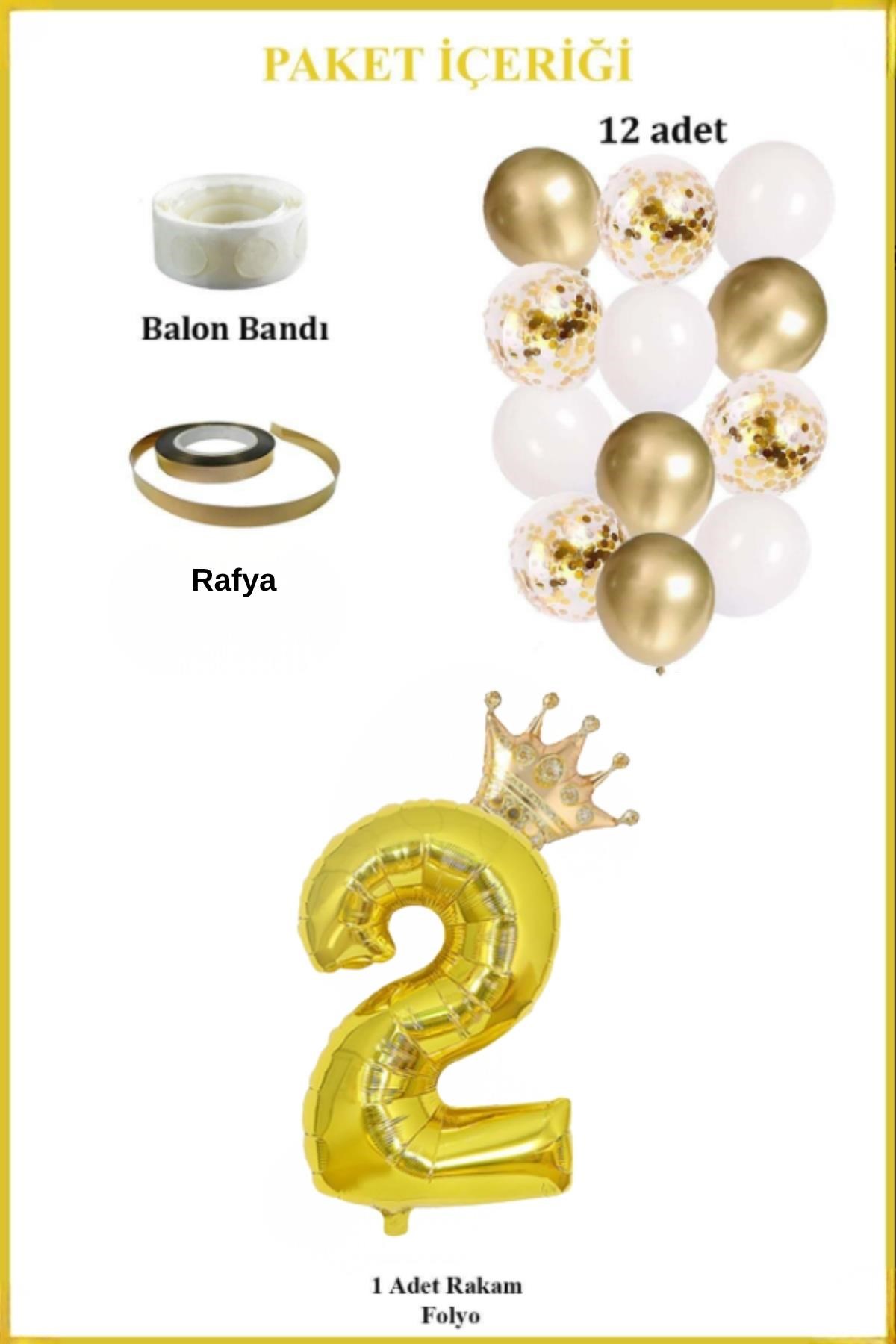 2 Rakam Gold Folyo Balon, Kral Tacı Ve Konfetili Gold Balon