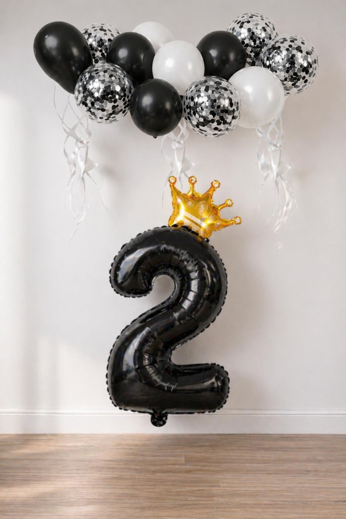 2 Rakam Siyah Folyo Balon, Kral Tacı Ve Konfetili Siyah Balon Set