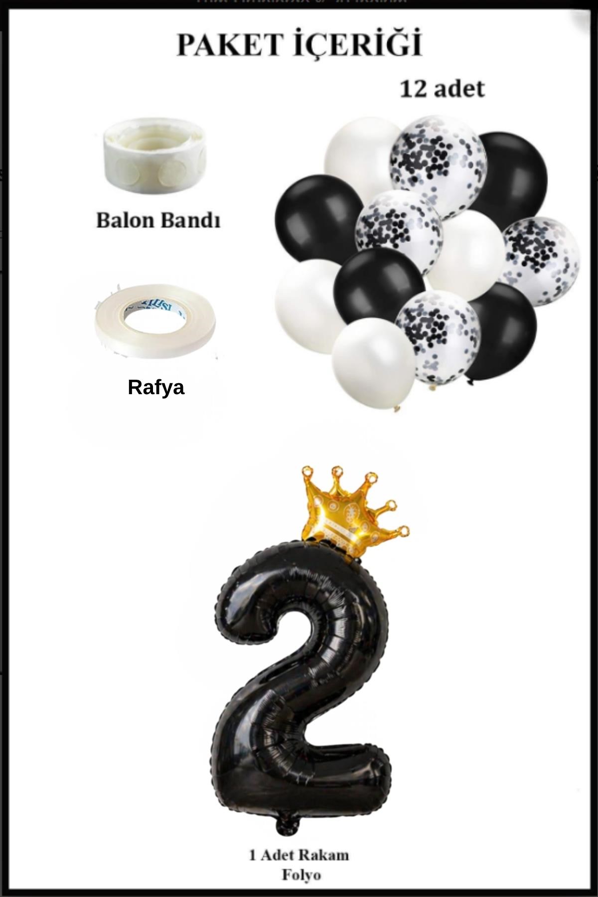 2 Rakam Siyah Folyo Balon, Kral Tacı Ve Konfetili Siyah Balon Set