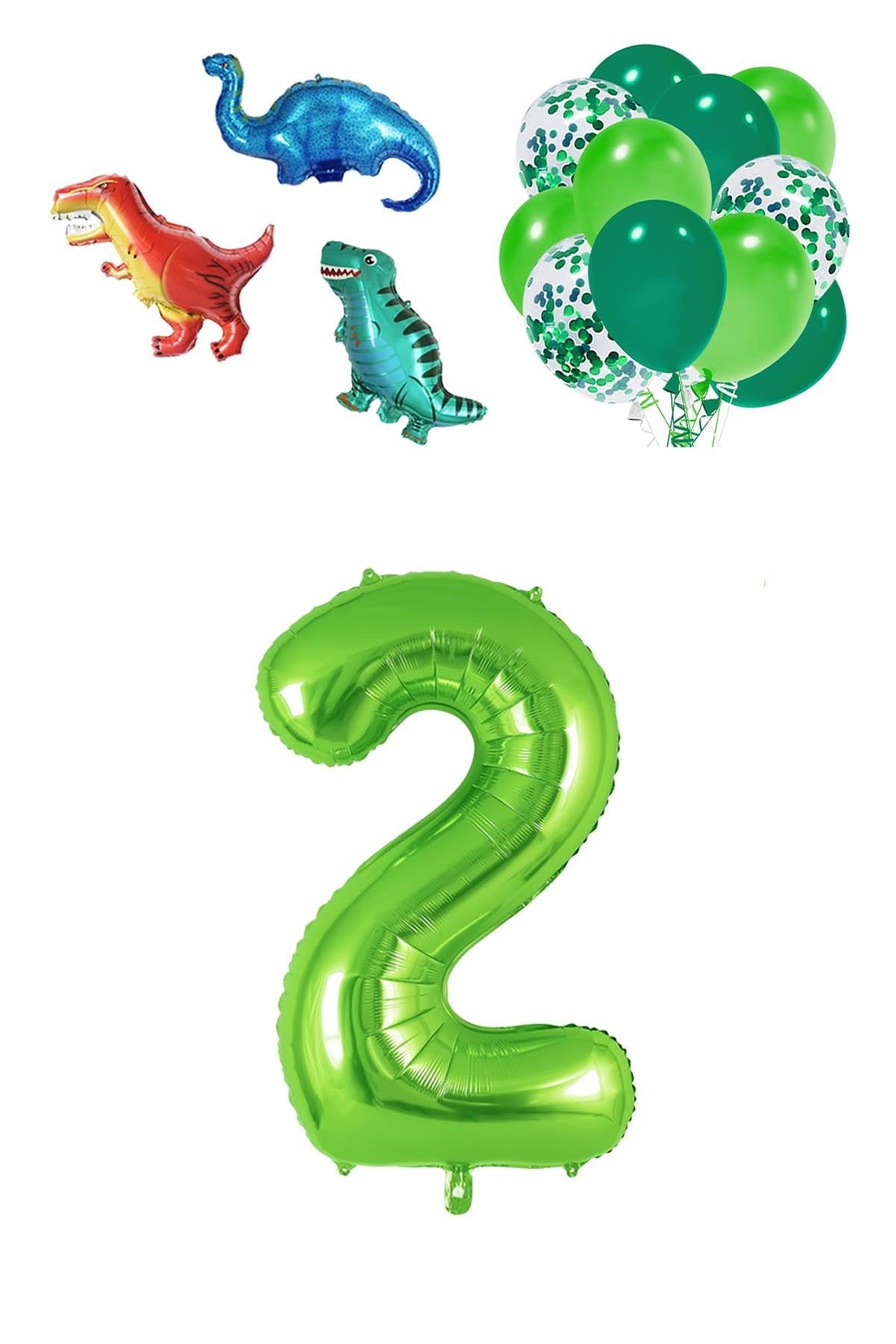 2 Yaş Dinazor Set; Rakam Folyo, 3 Adet Mini Dinazor ve 10 lu Balon