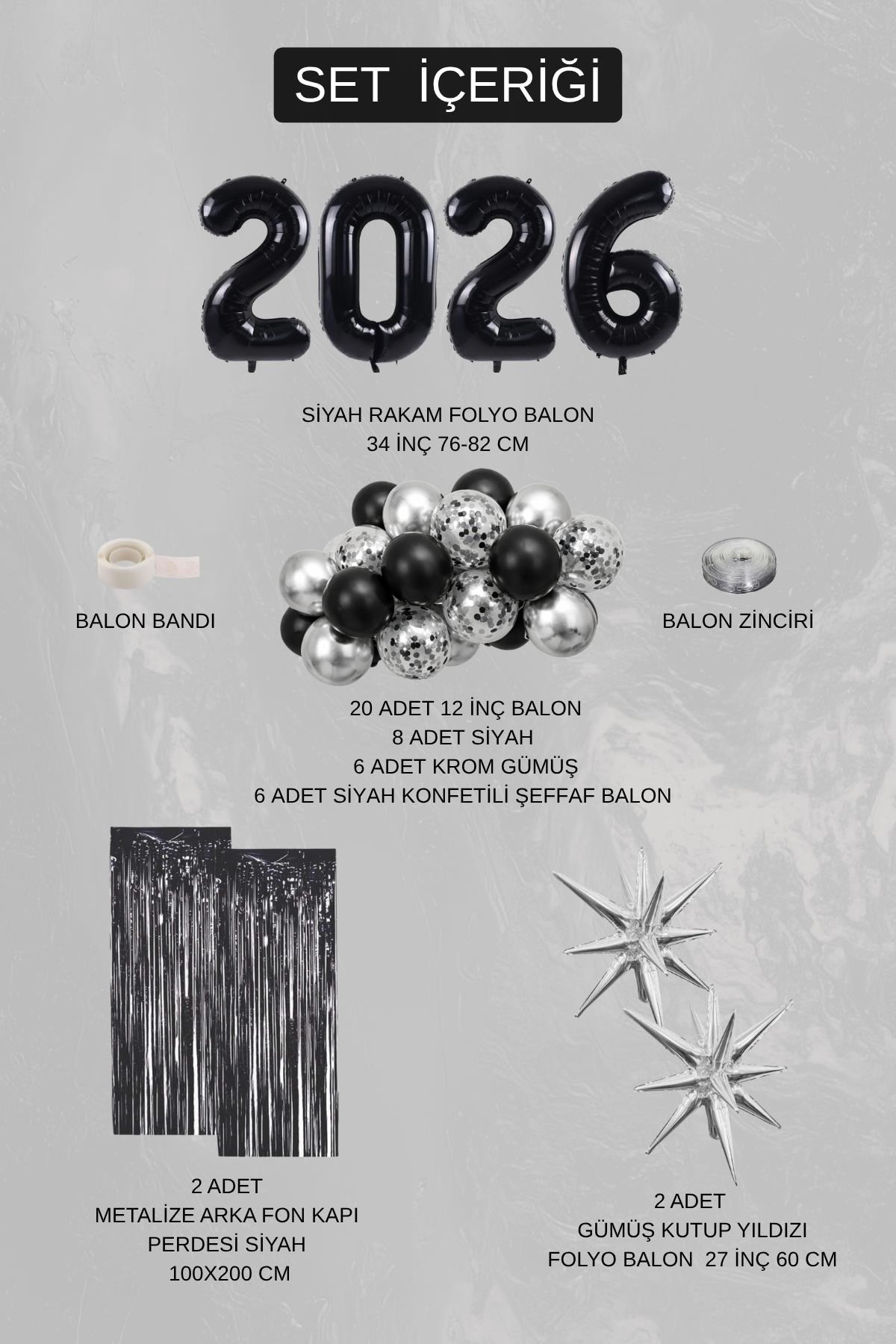2026 Mezuniyet Parti Seti – Siyah Gümüş Balon Seti Kutup Yıldızlı Konsept