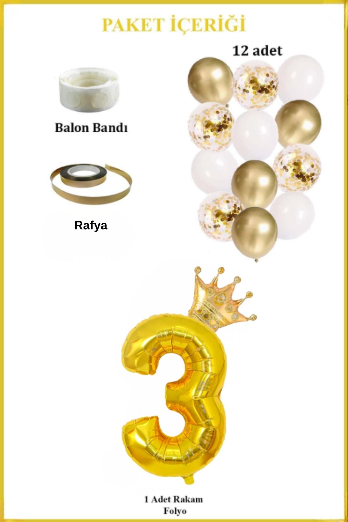 3 Rakam Gold Folyo Balon, Kral Tacı Ve Konfetili Gold Balon