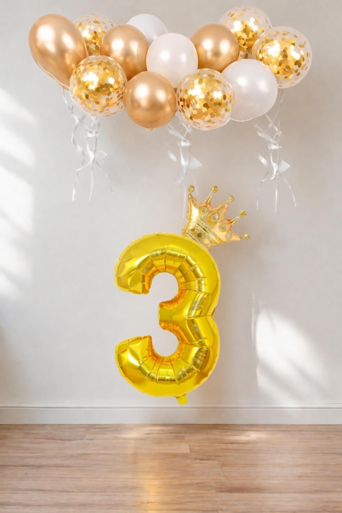 3 Rakam Gold Folyo Balon, Kral Tacı Ve Konfetili Gold Balon