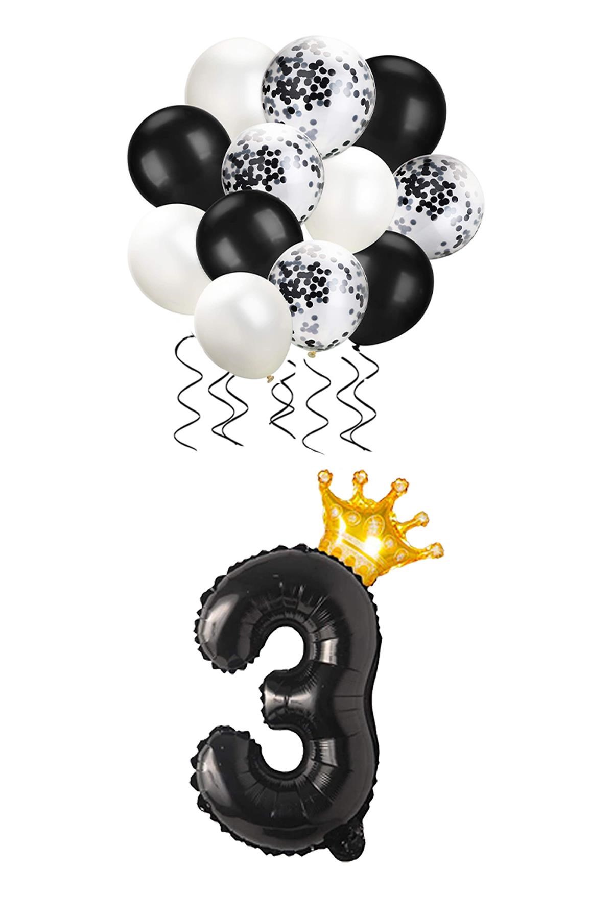 3 Rakam Siyah Folyo Balon, Kral Tacı Ve Konfetili Siyah Balon Set
