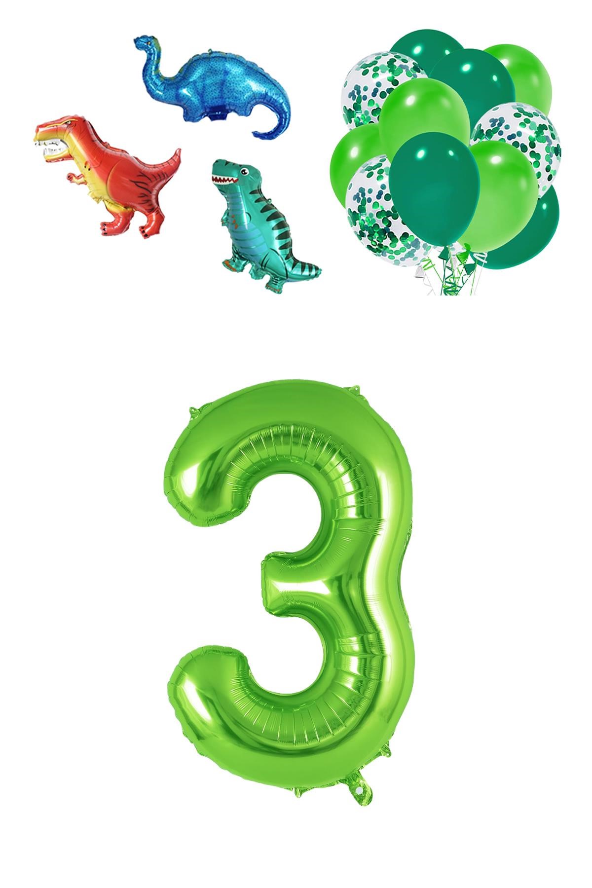 3 Yaş Dinazor Set; Rakam Folyo, 3 Adet Mini Dinazor ve 10 lu Balon
