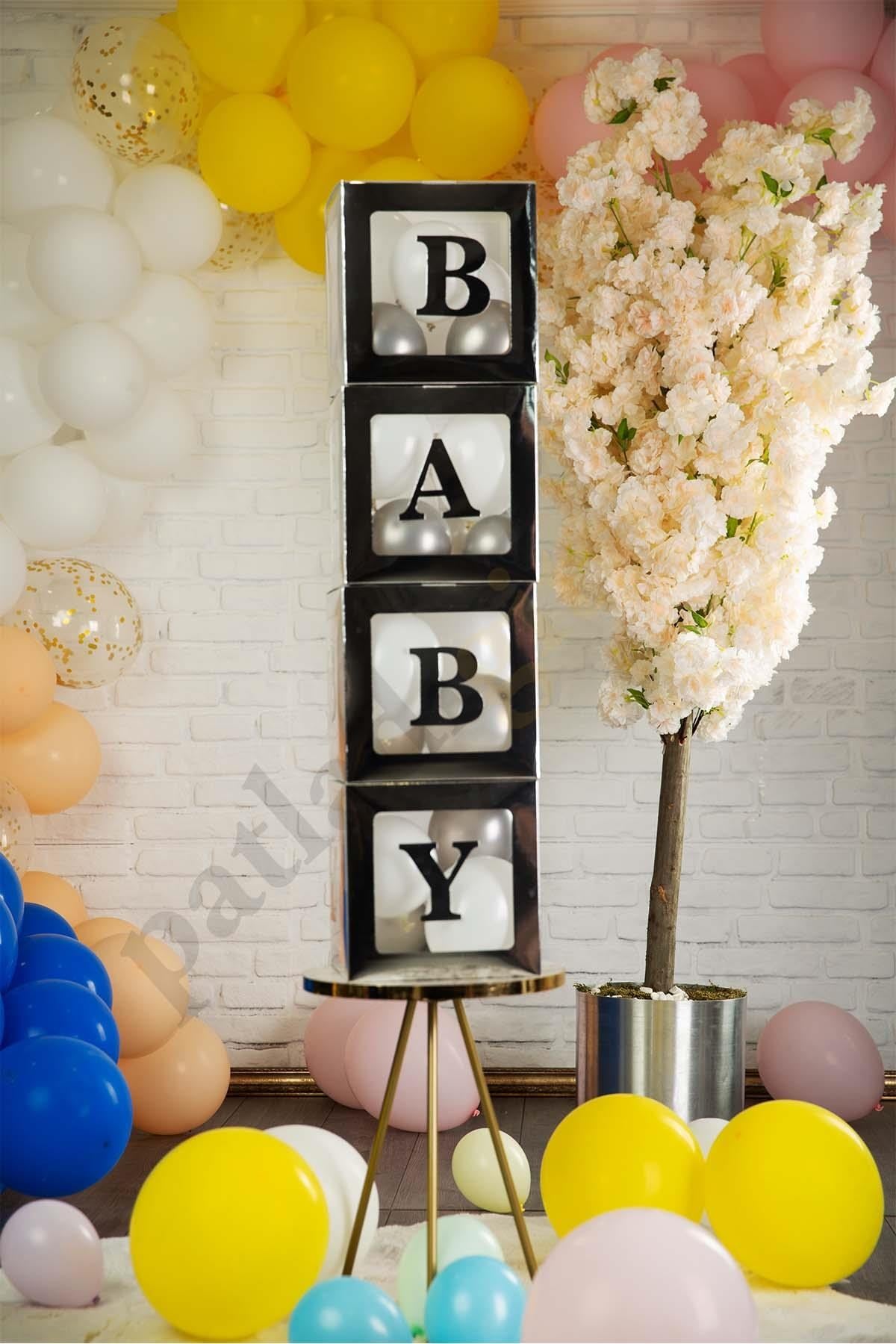 33 Parça Baby Yazılı Şeffaf Gümüş Kutu ve Balon Seti