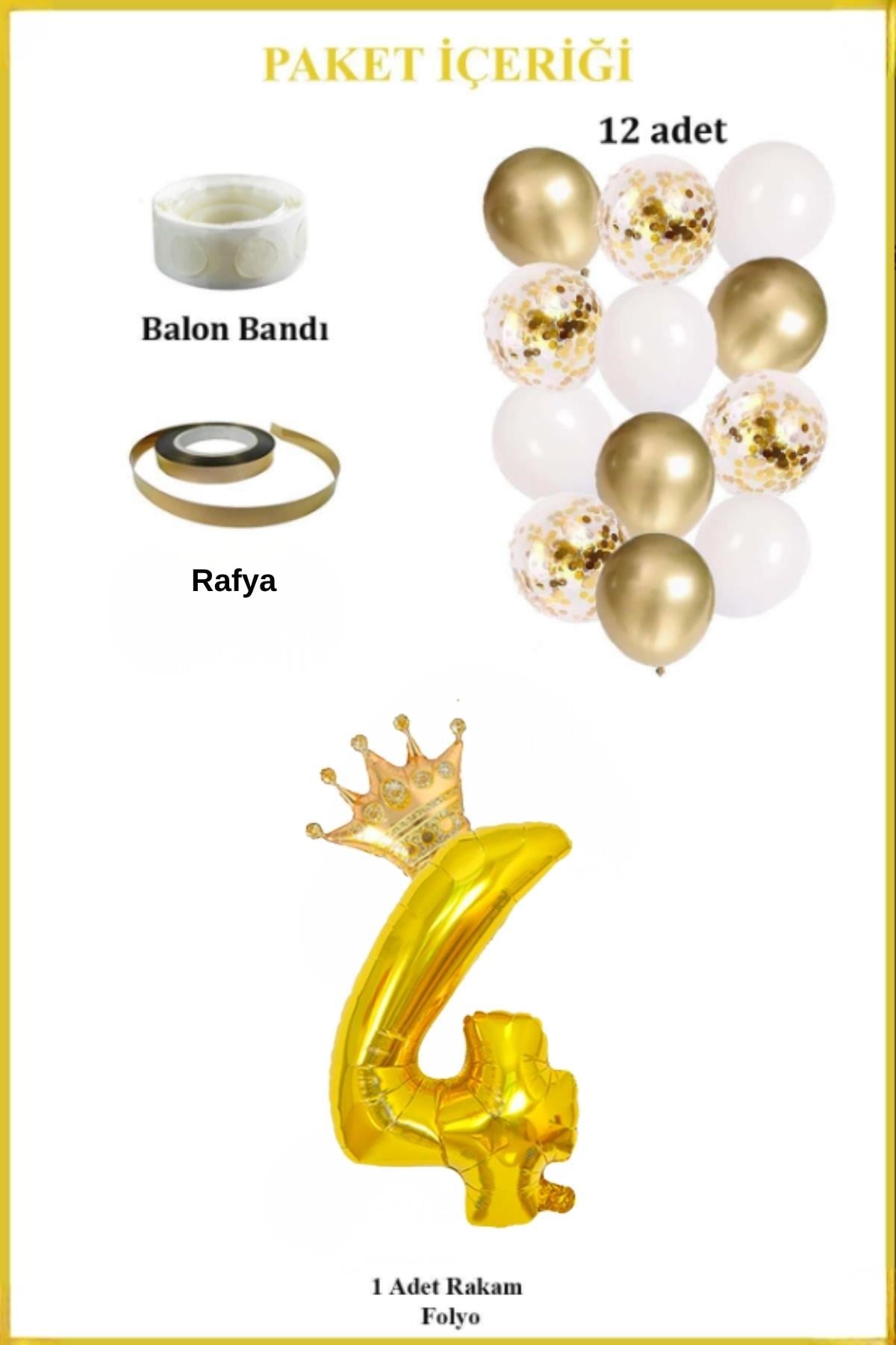 4 Rakam Gold Folyo Balon, Kral Tacı Ve Konfetili Gold Balon