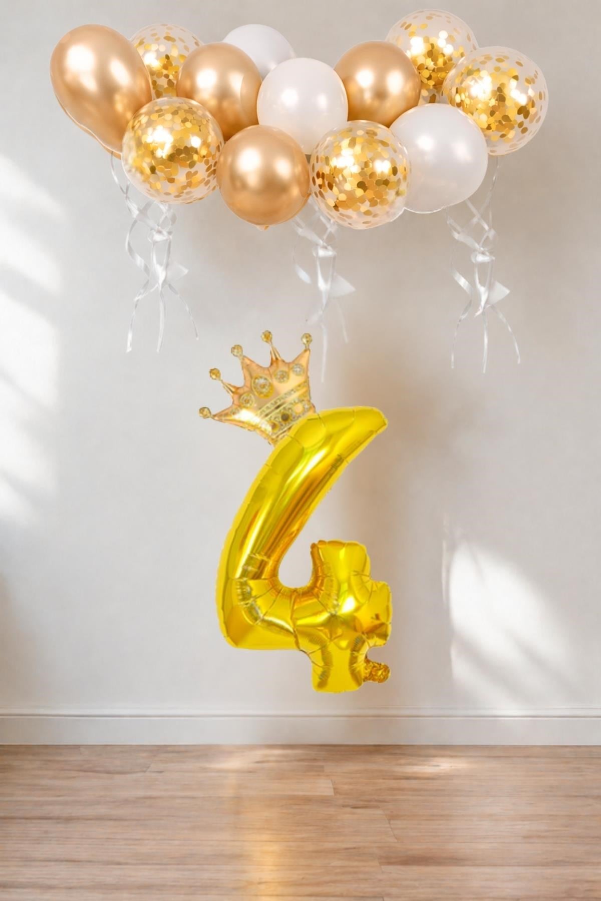 4 Rakam Gold Folyo Balon, Kral Tacı Ve Konfetili Gold Balon