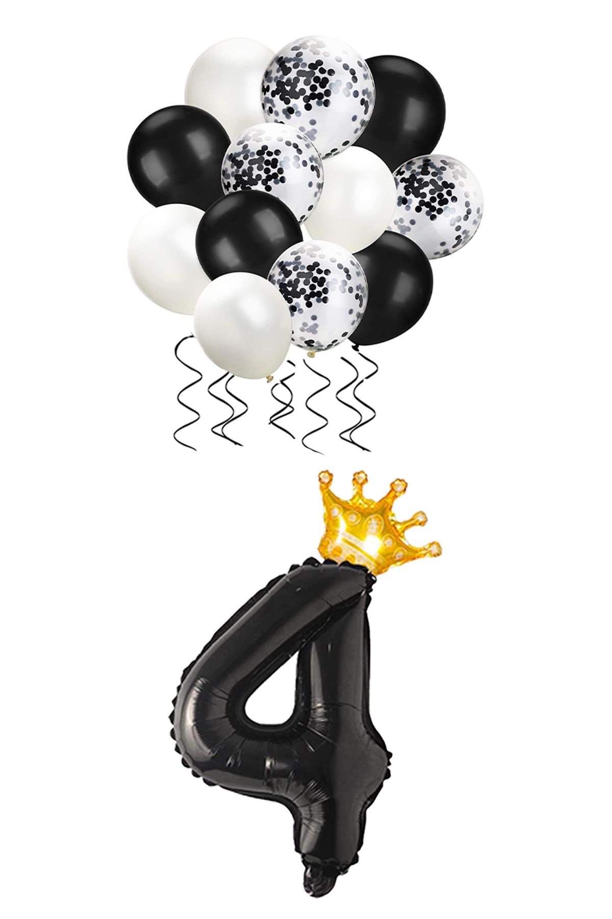 4 Rakam Siyah Folyo Balon, Kral Tacı Ve Konfetili Siyah Balon Set