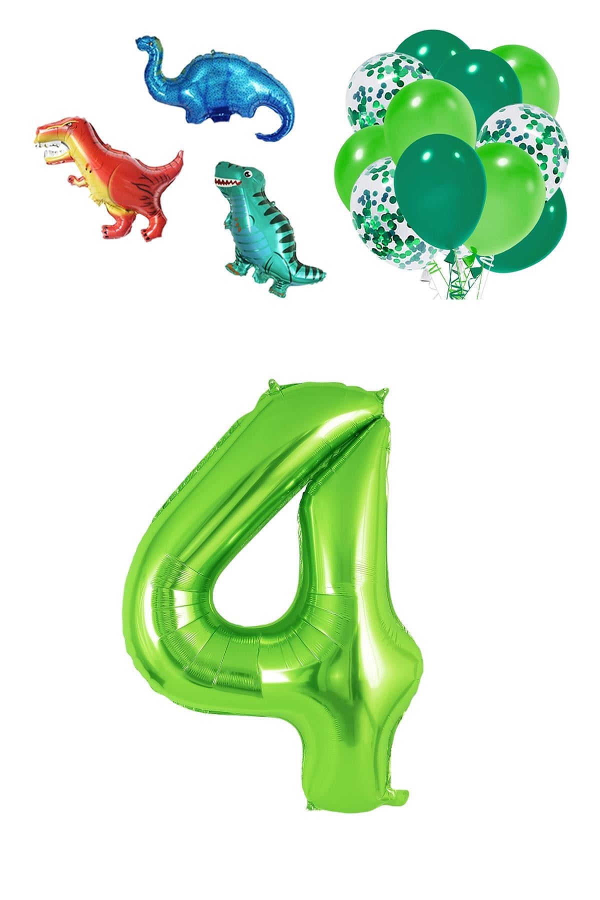 4 Yaş Dinazor Set; Rakam Folyo, 3 Adet Mini Dinazor ve 10 lu Balon