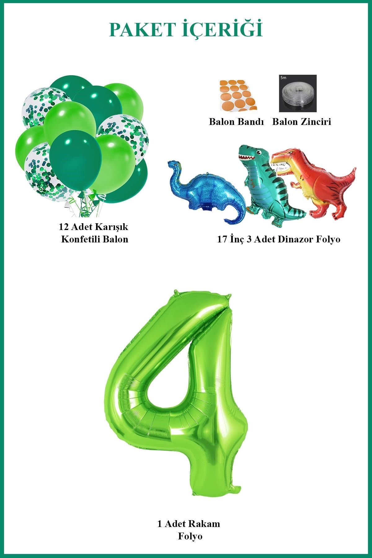 4 Yaş Dinazor Set; Rakam Folyo, 3 Adet Mini Dinazor ve 10 lu Balon