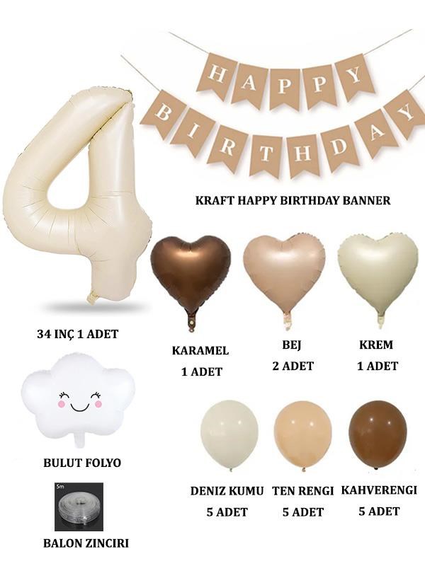 4 Yaş Retro Doğum Günü Seti; Krem Rakam Folyo, Banner, Kalp Folyo ve Lateks Balon